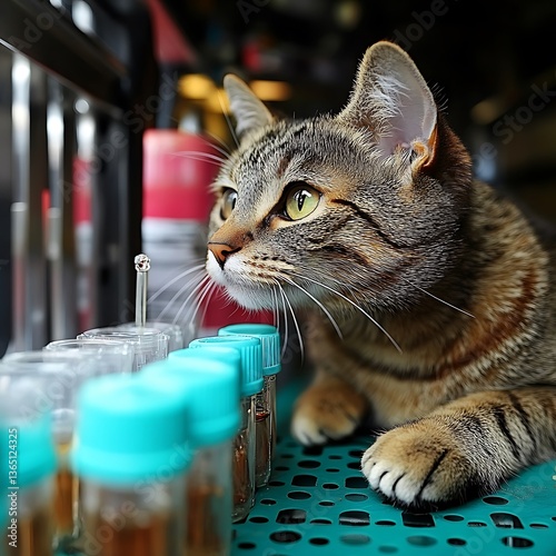 A curious tabby cat looking at small glass vials intently