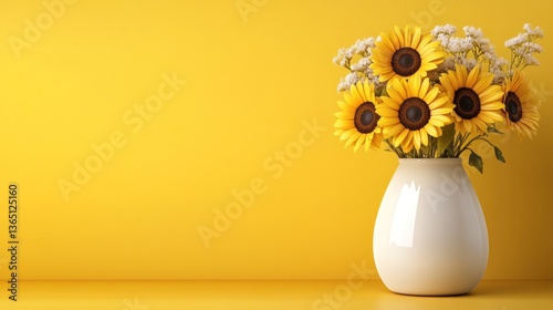 Sunflowers and baby's breath in a vase against a yellow wall