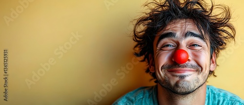 A man with a red clown nose and messy dark hair smiles