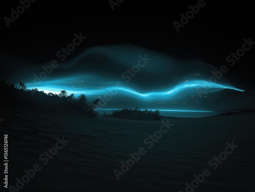 Ethereal blue light sweeps across a dark, snowy landscape at night