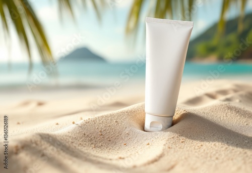 A sunscreen tube stands upright on a sandy beach with the ocean and palm trees in the background, capturing a serene beach day and promoting sun protection and skincare.