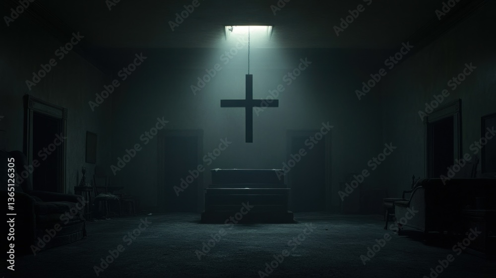 Naklejka premium Dark room, cross hangs above a coffin, shrouded in mist. Eerie atmosphere