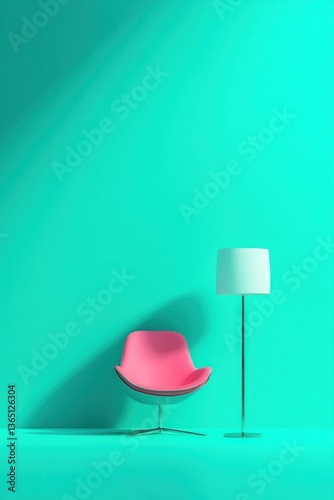 Pink chair and floor lamp against a teal wall