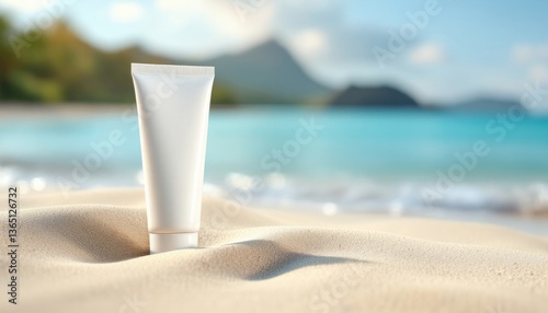 Sunscreen bottle sitting on sandy beach near clear turquoise water under sunny sky, with blurred tropical huts in the background, representing beach vacation essentials.