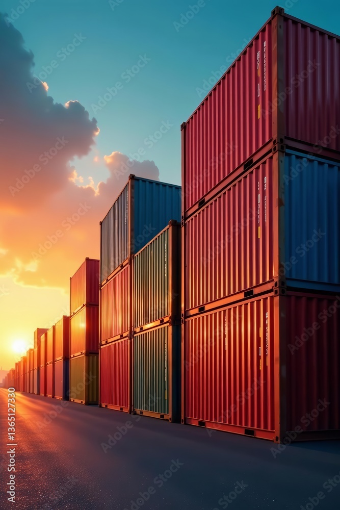 Fototapeta premium Colorful shipping containers stacked under sunset sky, shipping, transportation