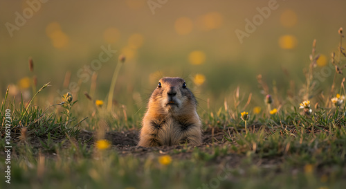 Alert prairie dog emerges from its burrow amidst a field of wildflowers