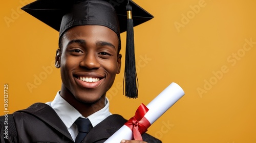 Happy Graduate Celebrating Achievement With Diploma Against Yellow Background In Academic Gown And Cap
