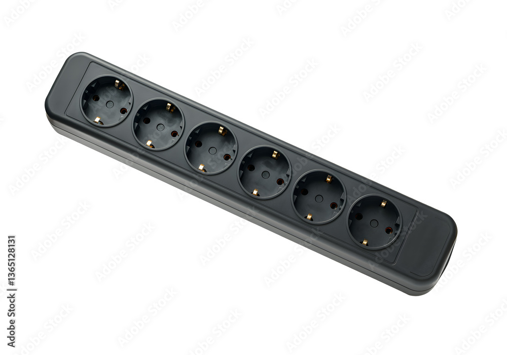 A floating power strip with multiple sockets, isolated on a solid white background. A floating power strip with multiple sockets, isolated on a solid white background.