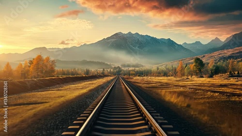 Railroad Tracks Through Autumnal Mountain Valley at Sunrise