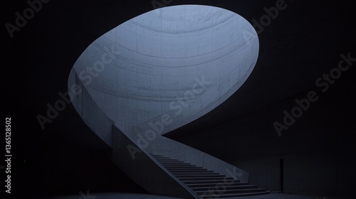 Concrete staircase curving upwards towards an oval skylight.  Dark, moody atmosphere