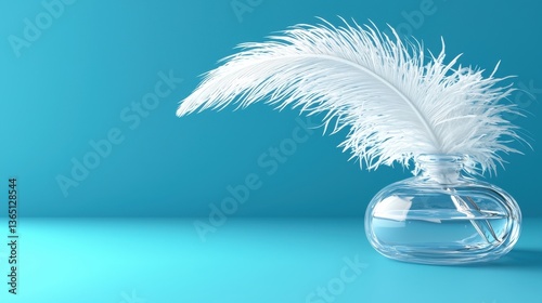 Elegant White Feather in Glass Ink Bottle on Vibrant Blue Background for Creative Inspiration and Vintage Aesthetic
