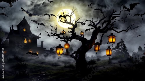 A dark, misty Halloween night with a haunted house standing under a glowing full moon.