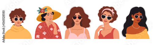 Beautiful Diverse Summer Women set. Pretty Female Portrait in sunglasses and hat of different racial nationalities. Vector illustration. Isolated Cute Modern Ethnic Character on white background