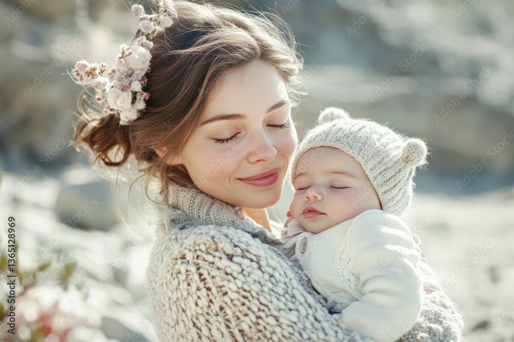 Obraz premium Sleeping Baby. Close-up Portrait of a Beautiful Baby in Peaceful White Environment. Beautiful simple AI generated image
