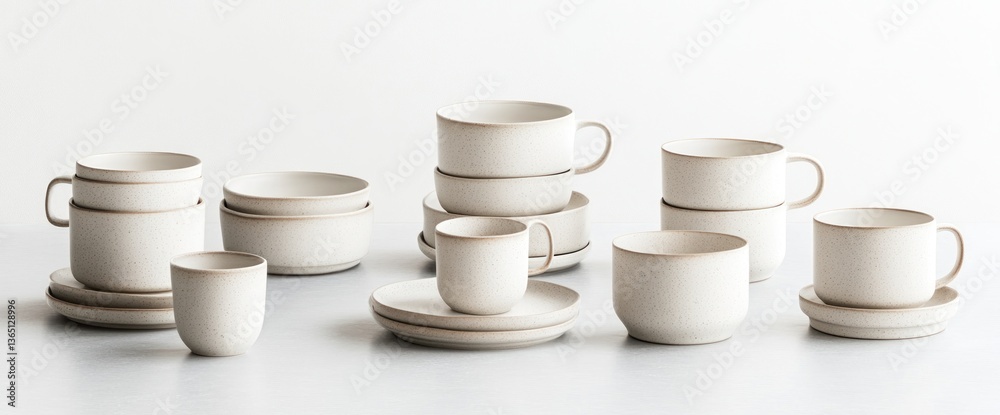 Off-white ceramic tableware set. Cups, saucers, and bowls. Minimalist design Off-white ceramic tableware set. Cups, saucers, and bowls. Minimalist design