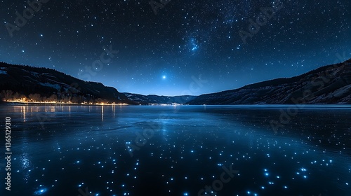 A serene starry night over a frozen lake landscape