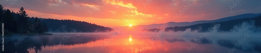 Obraz premium Majestic sunrise over misty lake - panoramic view, serene, nature