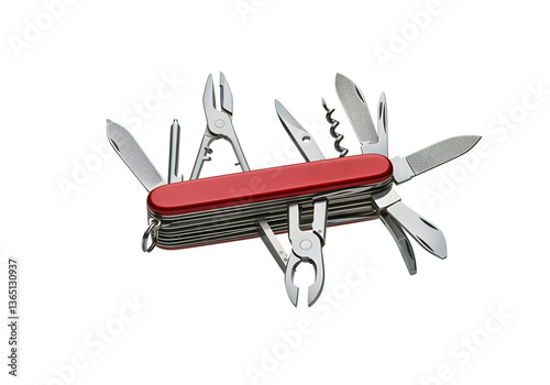 A floating Swiss army knife with multiple tools open, isolated on a solid white background.