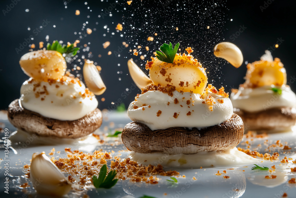 Obraz premium Gourmet stuffed mushrooms with cream cheese, garlic, parsley, breadcrumbs, and fresh ingredients suspended in a visually elegant composition for food photography