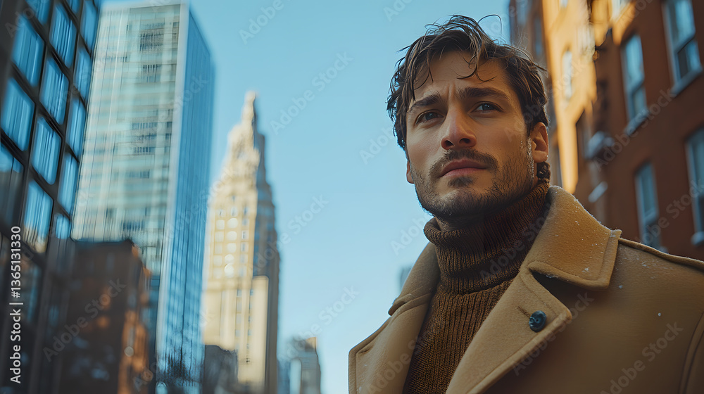A visually stunning shot of a man in a casual turtleneck and coat, walking down a wide boulevard flanked by towering glass skyscrapers under a clear blue sky.