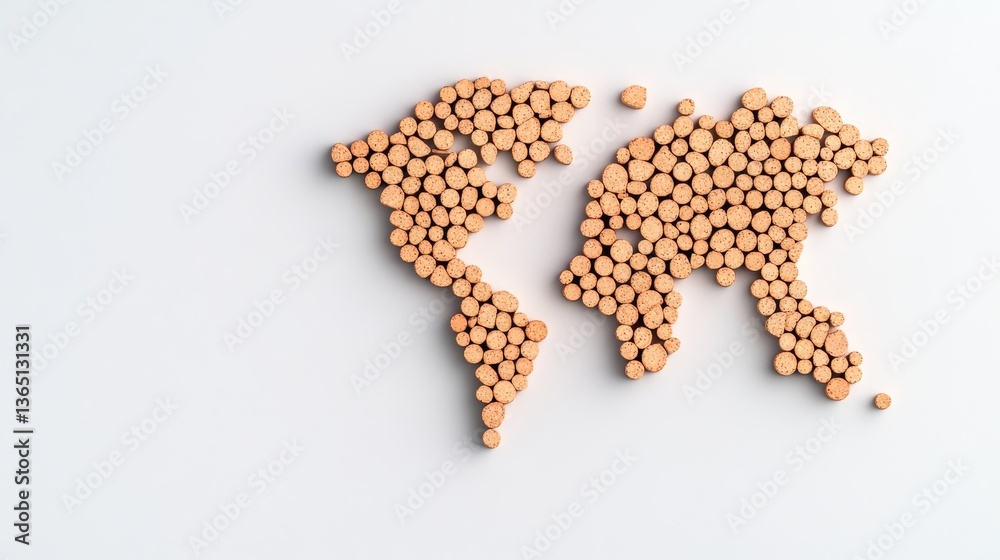 Artistic representation of the world map created with cork pieces on a light background Artistic representation of the world map created with cork pieces on a light background