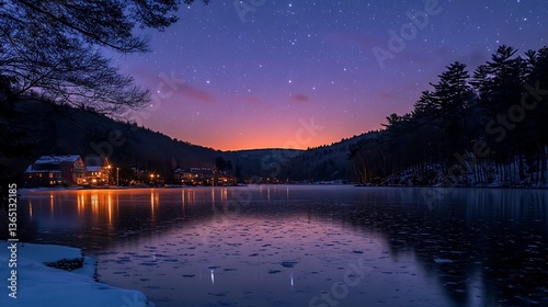 A beautiful nighttime view over a frozen lake under stars