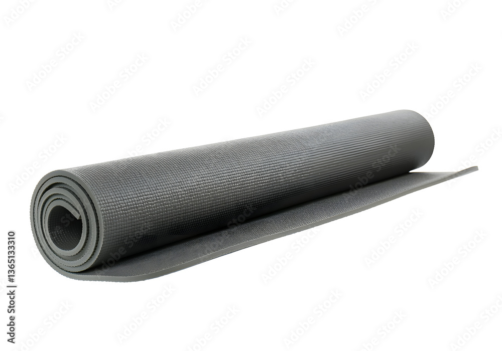 A floating yoga mat rolled up neatly, isolated on a solid white background. A floating yoga mat rolled up neatly, isolated on a solid white background.