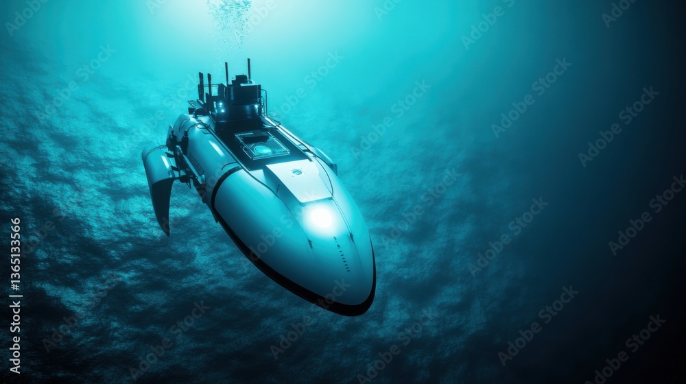 A futuristic AI powered autonomous submarine, AI-controlled submarines exploring deep-sea ecosystems and collecting scientific data, Ocean tech style A futuristic AI powered autonomous submarine, AI-controlled submarines exploring deep-sea ecosystems and collecting scientific data, Ocean tech style