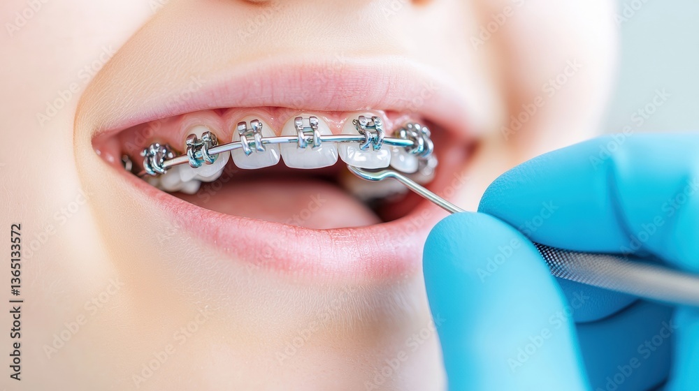 Fototapeta premium A close-up of a person's mouth with braces, showing a dental professional using an instrument for adjustment or cleaning.