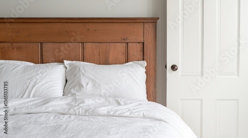 Cozy bedroom scene featuring a wooden headboard and white bedding with a door in the background