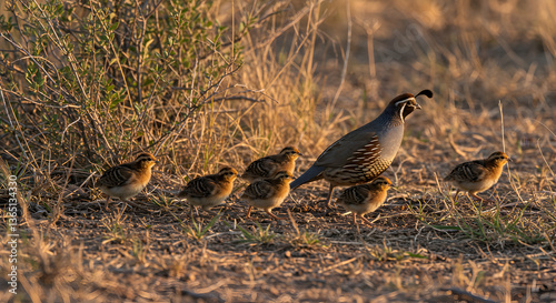 California Quail Family Foraging in Golden Light, a charming wildlife scene