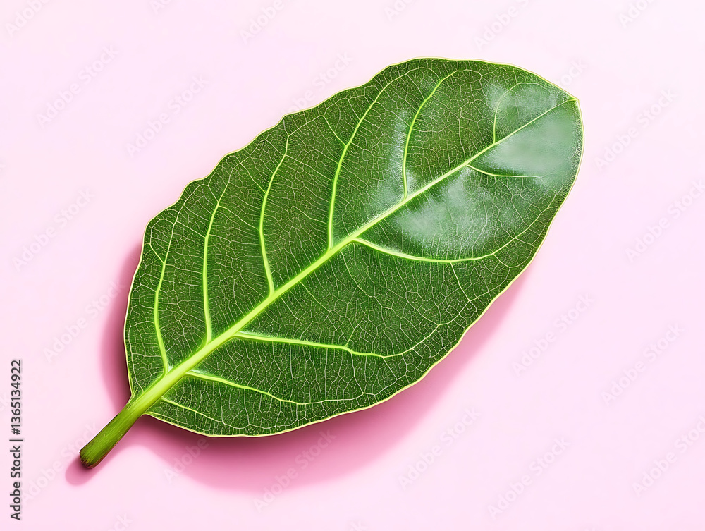 Obraz premium Vibrant green leaf with prominent veins lies on a soft pink background displaying a natural botanical detail.