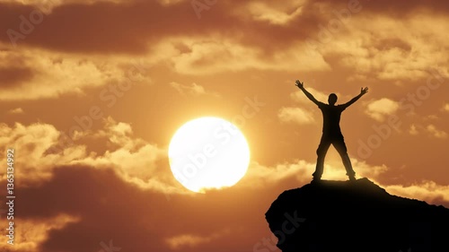 Silhouette of a man strive hands to the big sun during sunrise. Timelapse and people in nature. 
