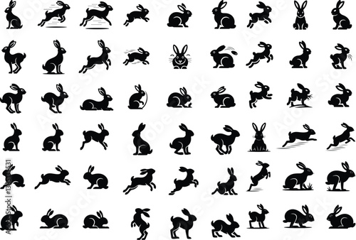 Rabbit silhouette set illustration on a white background. Animal silhouette collection for easter day Rabbits silhouette set. Bunny symbols. Hare silhouette. Farm animal icon Isolated rabbit shadow on