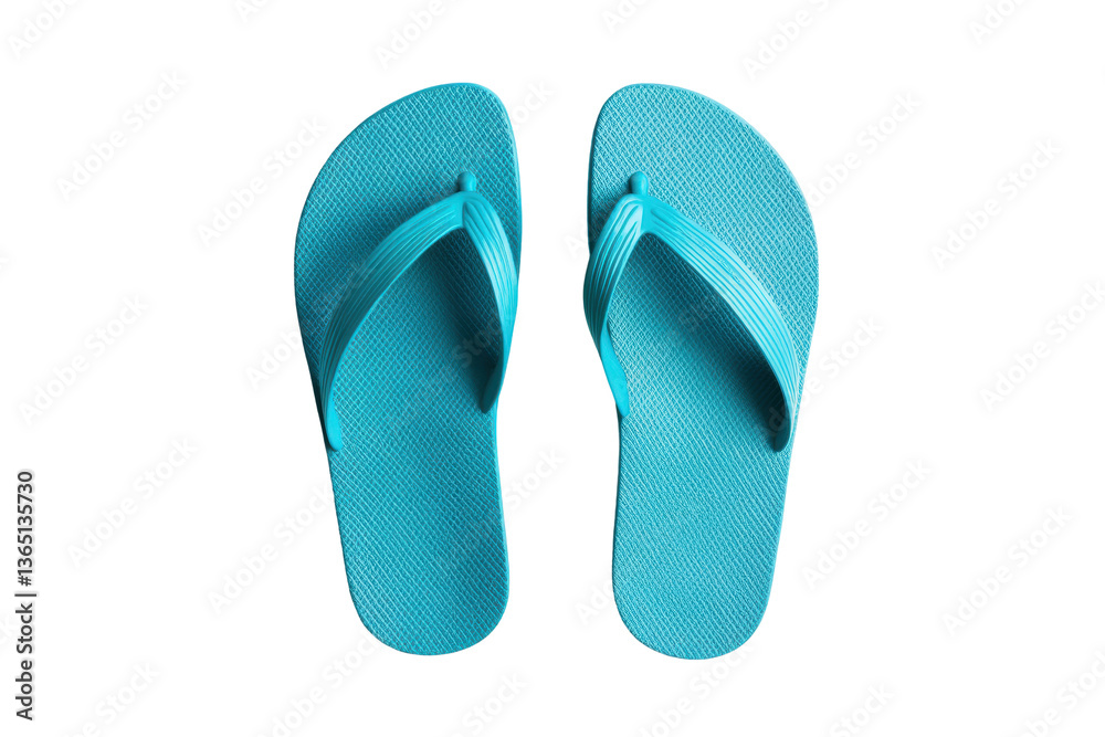Bright teal flip-flops on black background, cut out