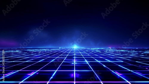 A mesmerizing futuristic neon grid glowing in deep blue and purple hues, stretching infinitely into the distance.