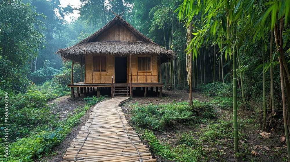 Nipa Hut in Forest Park Surrounded by Bamboo Trees, Traditional Rural Housing Nipa Hut in Forest Park Surrounded by Bamboo Trees, Traditional Rural Housing