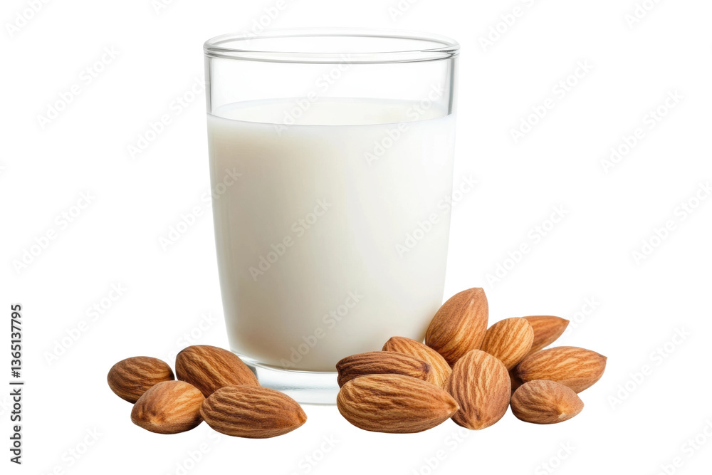 Glass of almond milk with whole almonds, cut out Glass of almond milk with whole almonds, cut out