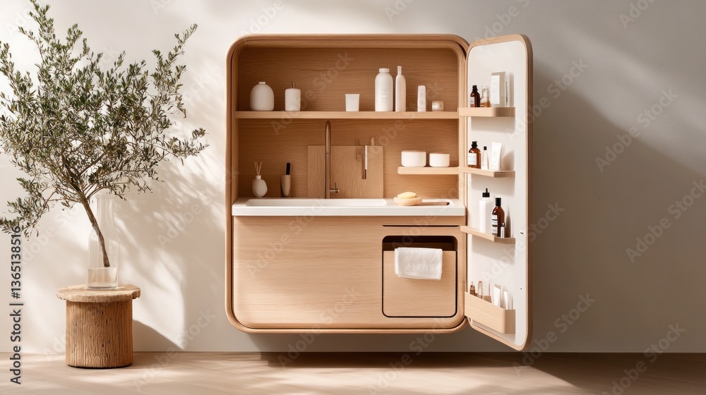 Modern minimalist wall-mounted unit, featuring integrated sink, storage, and refrigerator Modern minimalist wall-mounted unit, featuring integrated sink, storage, and refrigerator