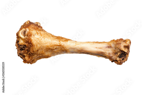 Cooked chicken drumstick bone on black background: isolated close-up view, cut out photo