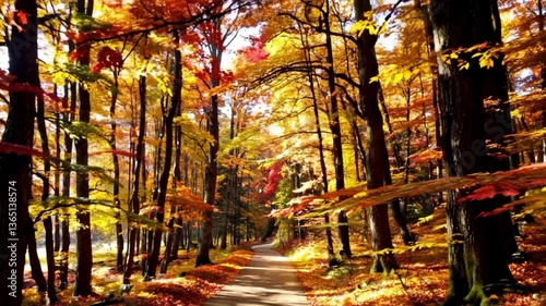A scenic autumn landscape featuring a dense forest with trees covered in golden, orange, and red leaves.