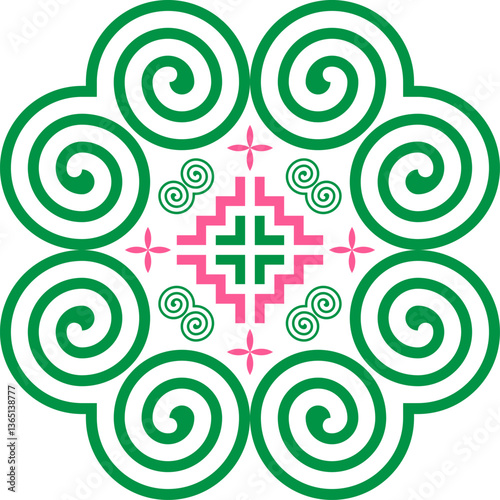 Seamless Hmong Embroidery Patterns in Hmong Ethnic Style, Green and Pink Tones, Pattern Design for Carpets, Clothing, Fabrics, Textures, Wallpaper, Wrapping, Fashion
