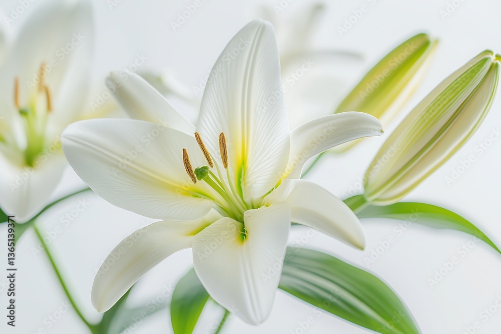 Fototapeta premium Close-up of a White Lily Flower with Stamens and Green Leaves
