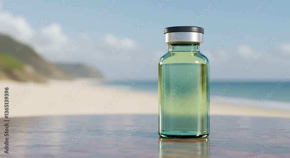 Glass Vial on Beach Coastal Serenity and Medical Concept Glass Vial on Beach Coastal Serenity and Medical Concept