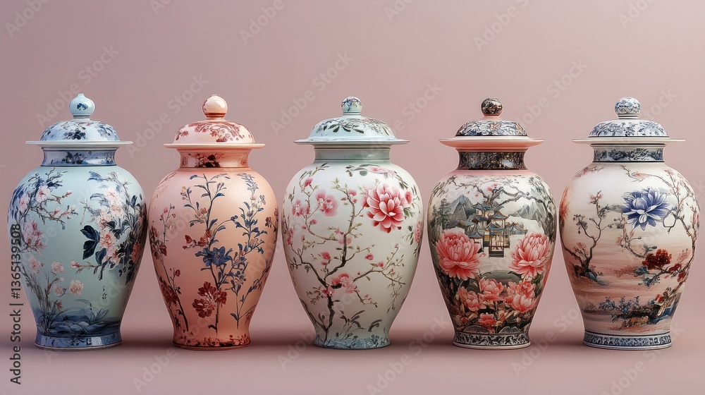 Five ornate lidded porcelain jars, floral patterns Five ornate lidded porcelain jars, floral patterns