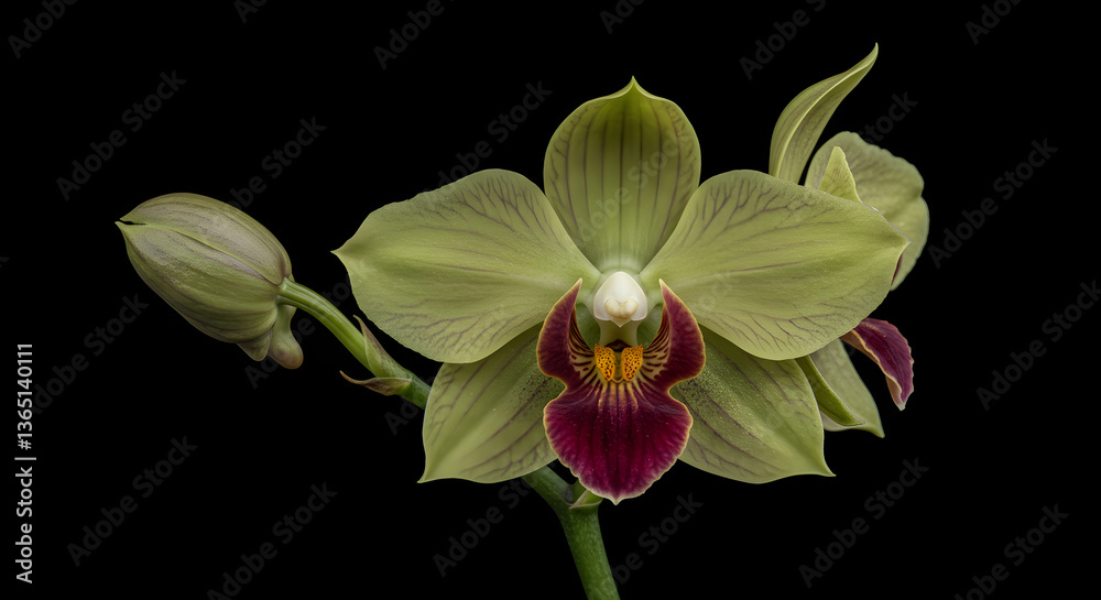 Fototapeta premium Captivating olive green orchid with burgundy center against a stark black backdrop