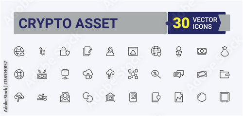 Crypto Asset icon set. Contains such symbols as payment, currency, banking, dollar and more. Crypto Currency modern icon set. Thin outline icons pack. Pixel perfect. Editable stroke.