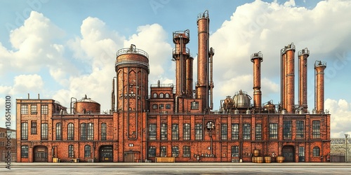 Red brick industrial building with tall smokestacks under a cloudy sky in an urban environment