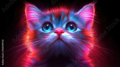 Neon kitten portrait, glowing fur, big eyes
