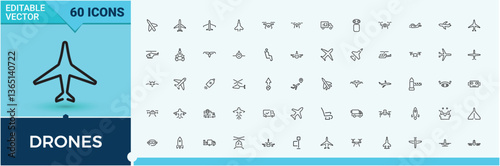 Drones vector line icon set. Contains outline symbols like transport, technology, aviation, aerial, camera and more. Trendy minimal icons. Air icon pack. Vector illustration. Pixel perfect.